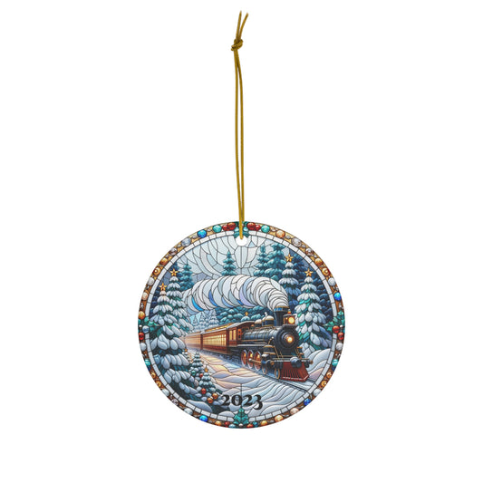 Christmas Train 2023 Ornament, Printed Stained Glass Art Tree Decoration Holiday Gift Idea Heirloom Keepsake Round Ceramic Xmas