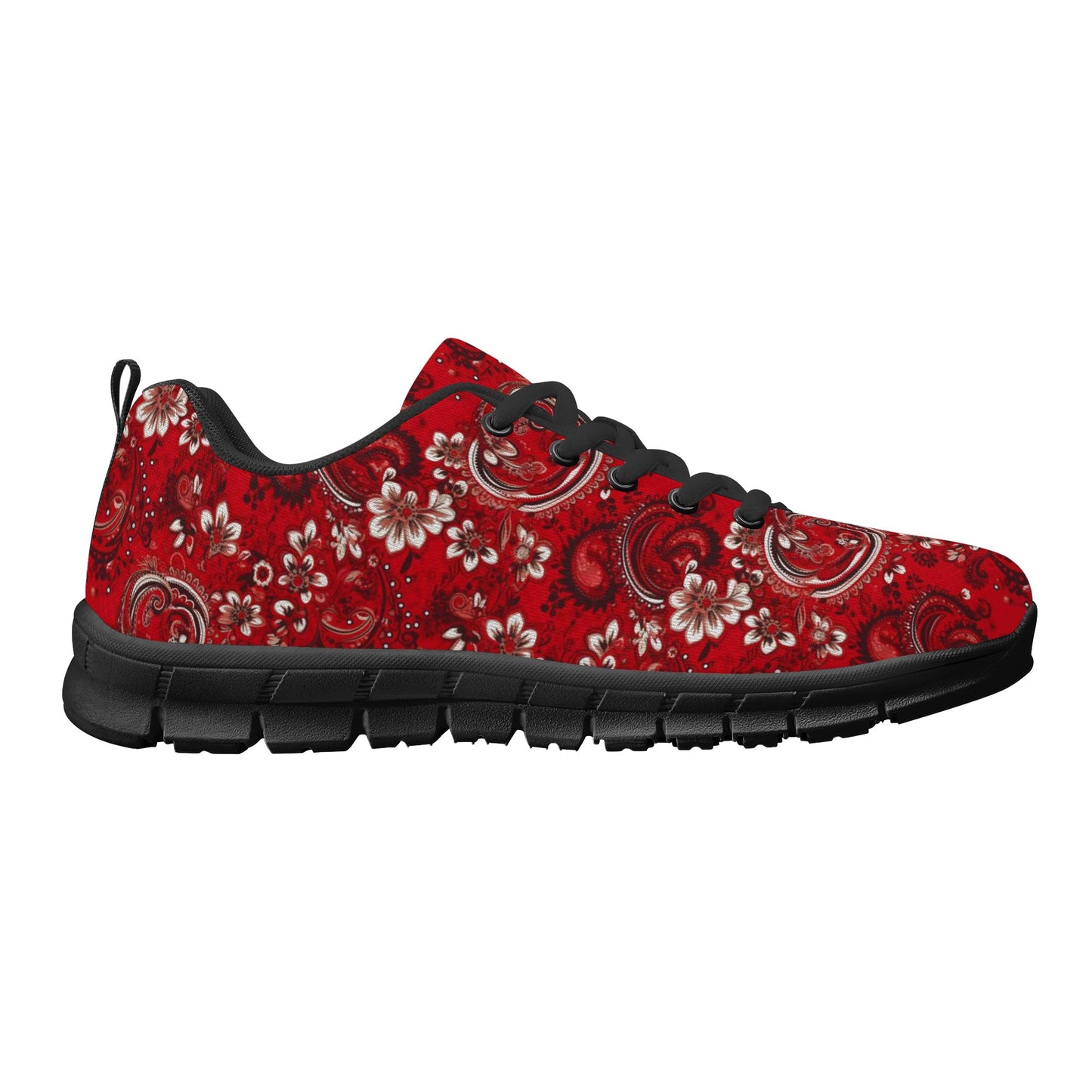 Red Bandana Women Athletic Sneaker, Paisley Lace Up Shoe Canvas Print Designer Running Black White Mesh Breathable Ladies Shoes