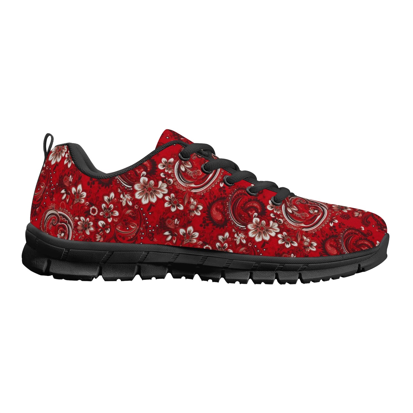 Red Bandana Women Athletic Sneaker, Paisley Lace Up Shoe Canvas Print Designer Running Black White Mesh Breathable Ladies Shoes