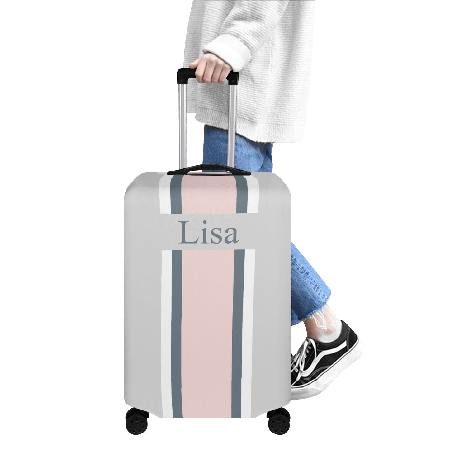 Custom Luggage Cover, Personalized Name Monogram Grey Pink Suitcase Protector Hard Carry On Bag Washable Wrap Large Small Travel Men Women