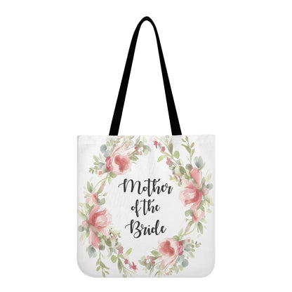 Mother of the Bride Tote Bag, Floral Flowers White Canvas Wedding Bridal Party Beach Shower Shopper Reusable Aesthetic Shoulder Bag