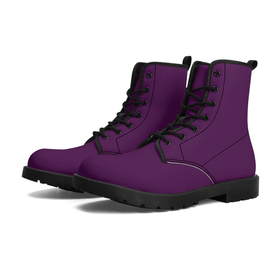 Dark Purple Combat Boots Women, Eggplant Vegan Leather Lace Up Shoes Hiking Festival Black Ankle Work Winter Casual Custom Ladies