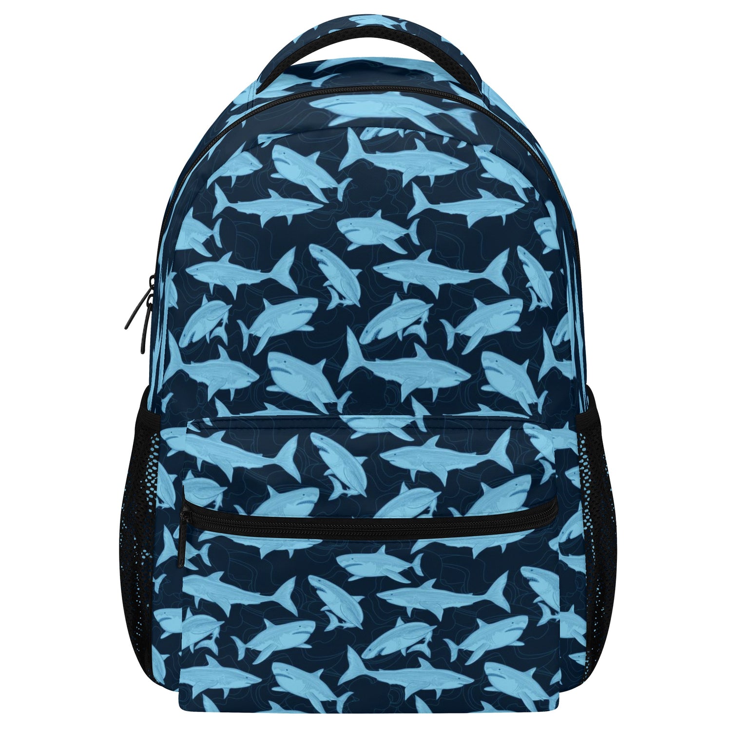 Blue backpack with a shark pattern, featuring multiple compartments and adjustable shoulder straps.