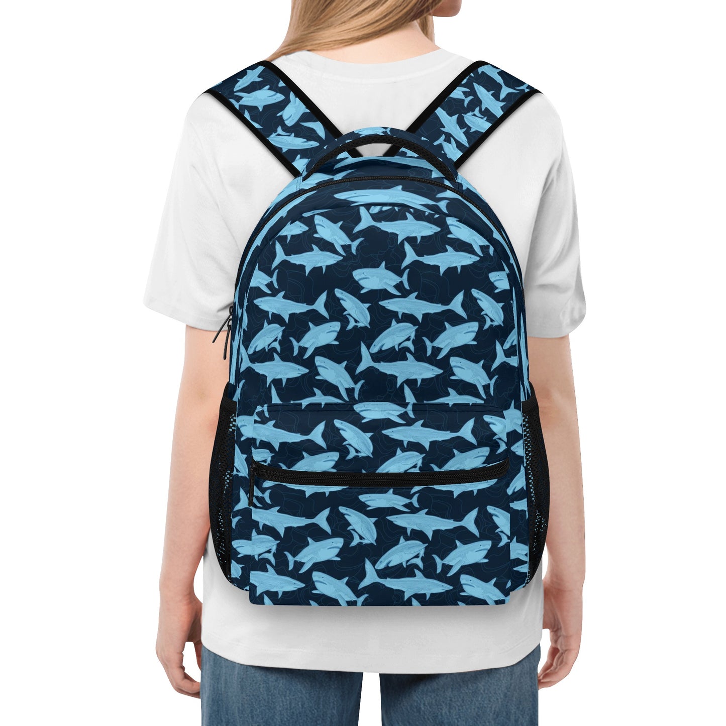 Shark Backpack, Blue Ocean Men Women Kids Gift Him Her School College Cool Waterproof Side Pockets Laptop Aesthetic Bag