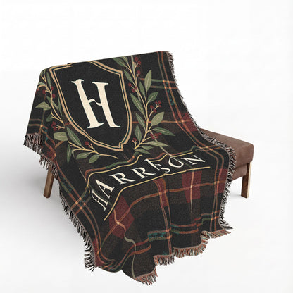 Custom Family Name Woven Throw Blanket Tapestry, Plaid Holiday Christmas Personalized Cotton Fringe Adult Kids Small Large Bed 50x60 Hanging