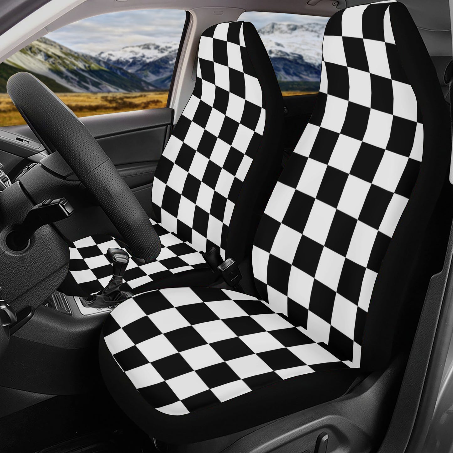 Checkered Front and Back Car Seat Covers Full Set (3 pcs), Black White Check Auto Front Dog Pet Vehicle SUV Universal Protector Men Women