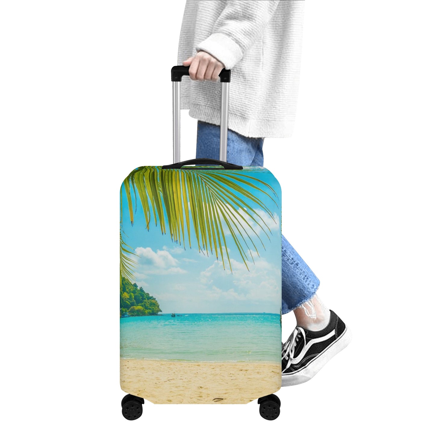Tropical Beach Luggage Cover, Palm Tree Ocean Vacation Suitcase Protector Hard Carry On Bag Washable Wrap Large Small Travel Sleeve