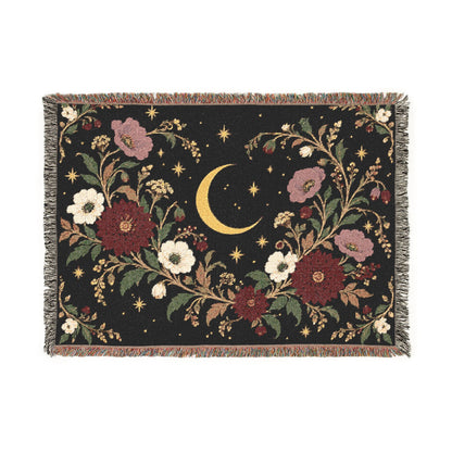 Dark Botanical Floral Woven Throw Blanket Tapestry, Crescent Moon Celestial Cotton Fringe Warm Adult Kids Small Large Bed 50x60 Wall Hanging