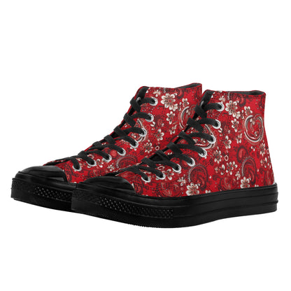 Red Bandana Men High Top Shoes, Paisley Lace Up Sneakers Footwear Rave Canvas Streetwear Male Black Designer Gift Idea