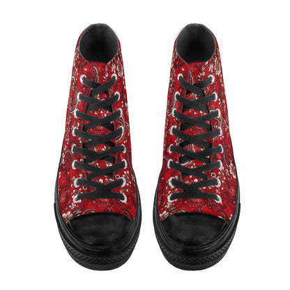 Red Bandana Men High Top Shoes, Paisley Lace Up Sneakers Footwear Rave Canvas Streetwear Male Black Designer Gift Idea