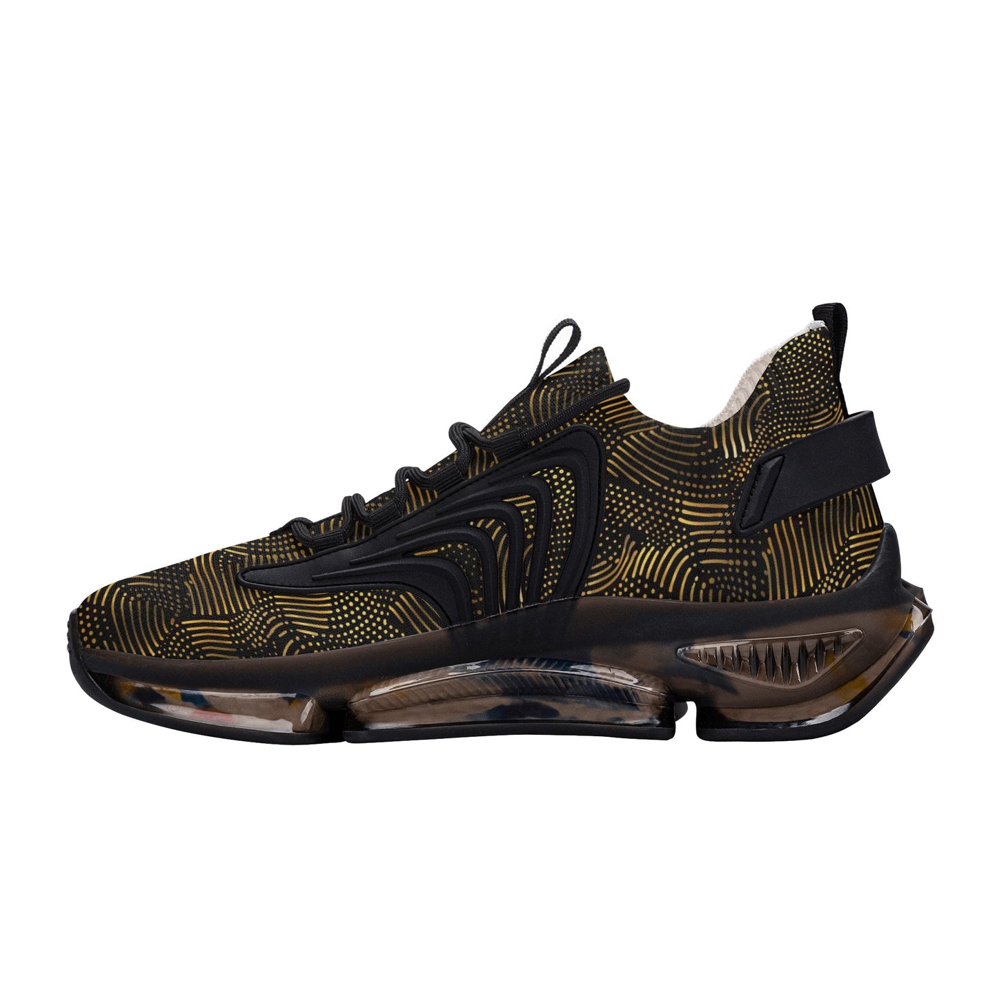 Gold and Black Men Air Cushion Sneakers, Breathable Mesh Running Sport Printed Lace Up Trainers Designer Casual Gym Shoes Footwear