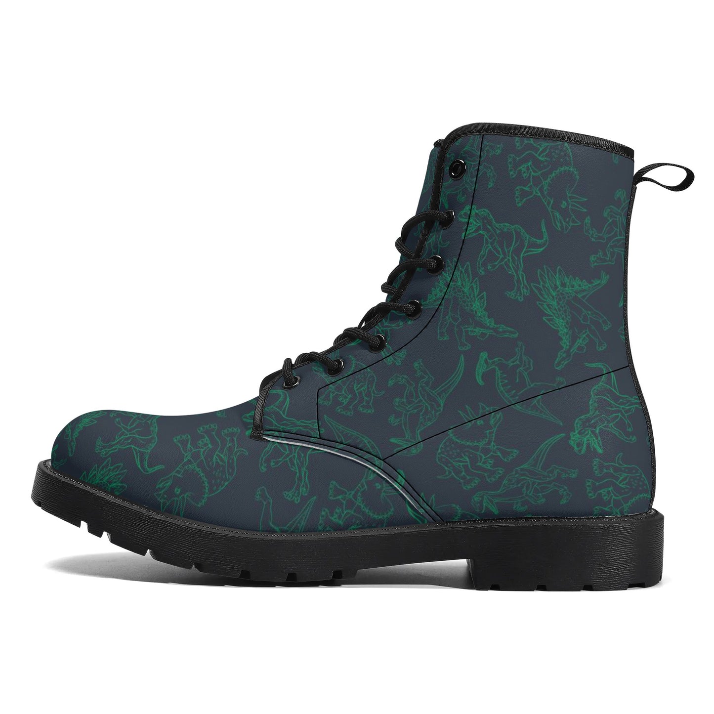 Dino Men Leather Boots, Dinosaur Green Vegan Lace Up Adult Shoes Hiking Festival Black Ankle Combat Work Winter Waterproof Guys Male