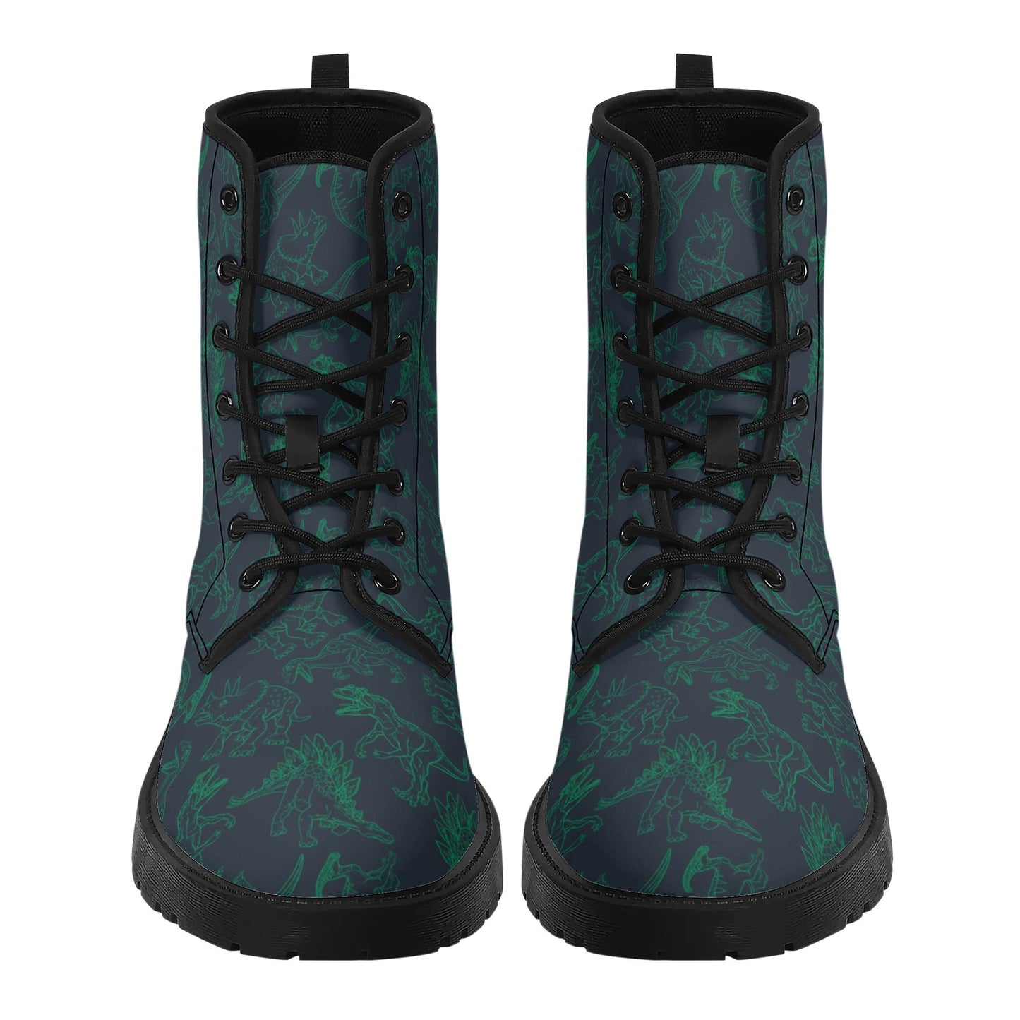Dino Men Leather Boots, Dinosaur Green Vegan Lace Up Adult Shoes Hiking Festival Black Ankle Combat Work Winter Waterproof Guys Male