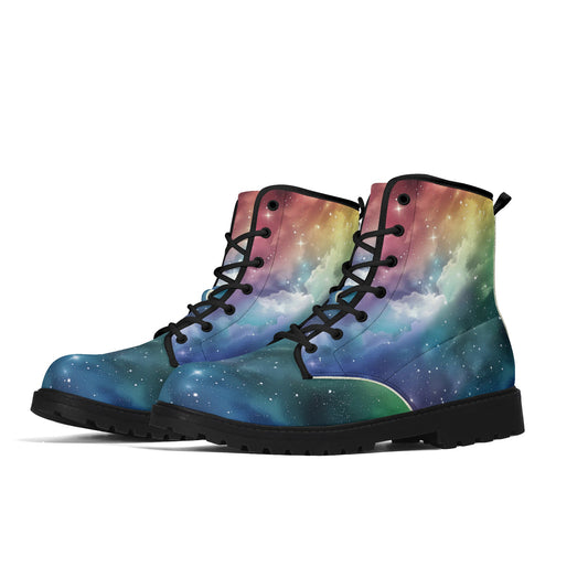 Rainbow Galaxy Women Leather Boots, Space Universe Vegan Lace Up Shoes Hiking Festival Black Ankle Combat Work Winter Waterproof Ladies
