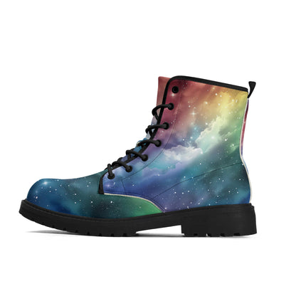 Rainbow Galaxy Women Leather Boots, Space Universe Vegan Lace Up Shoes Hiking Festival Black Ankle Combat Work Winter Waterproof Ladies