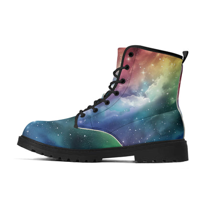 Rainbow Galaxy Women Leather Boots, Space Universe Vegan Lace Up Shoes Hiking Festival Black Ankle Combat Work Winter Waterproof Ladies