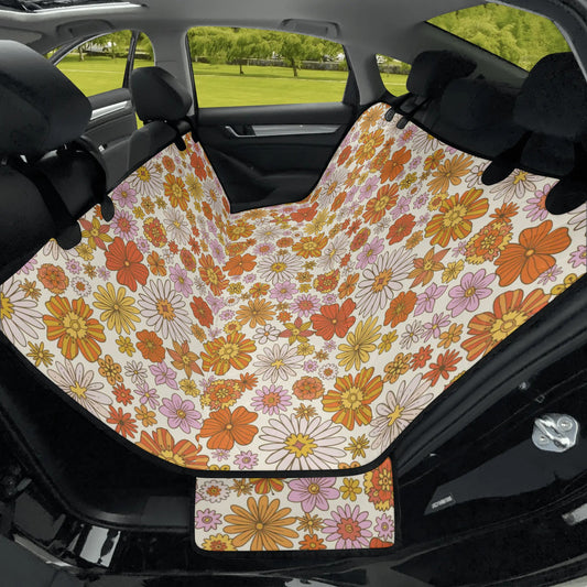Retro Floral Dog Back Seat Cover, Vintage Flowers 70s Groovy Cat Protector Pets Waterproof Washable Vehicle Blanket SUV Truck Auto Accessory