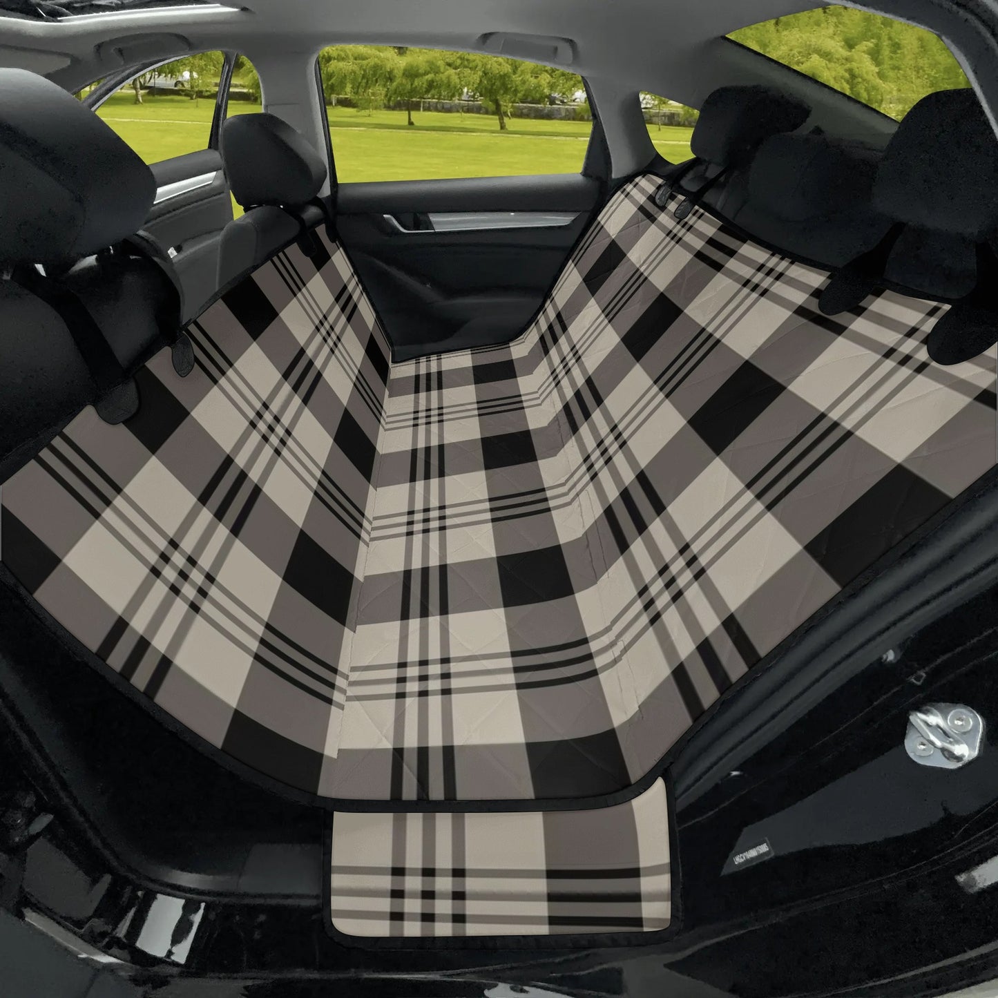 Plaid Dog Back Seat Cover, Black Grey Tartan Check Cat Protector Pets Waterproof Washable Vehicle Blanket SUV Auto Truck Accessory