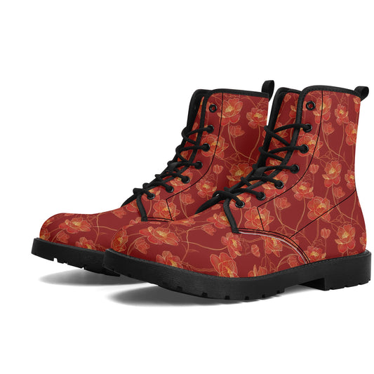 Red Floral Women Leather Combat Boots, Gold Flowers Asian Vegan Lace Up Shoes Hiking Festival Black Ankle Work Winter Waterproof Ladies