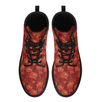 Red Floral Women Leather Combat Boots, Gold Flowers Asian Vegan Lace Up Shoes Hiking Festival Black Ankle Work Winter Waterproof Ladies