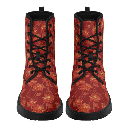 Red Floral Women Leather Combat Boots, Gold Flowers Asian Vegan Lace Up Shoes Hiking Festival Black Ankle Work Winter Waterproof Ladies