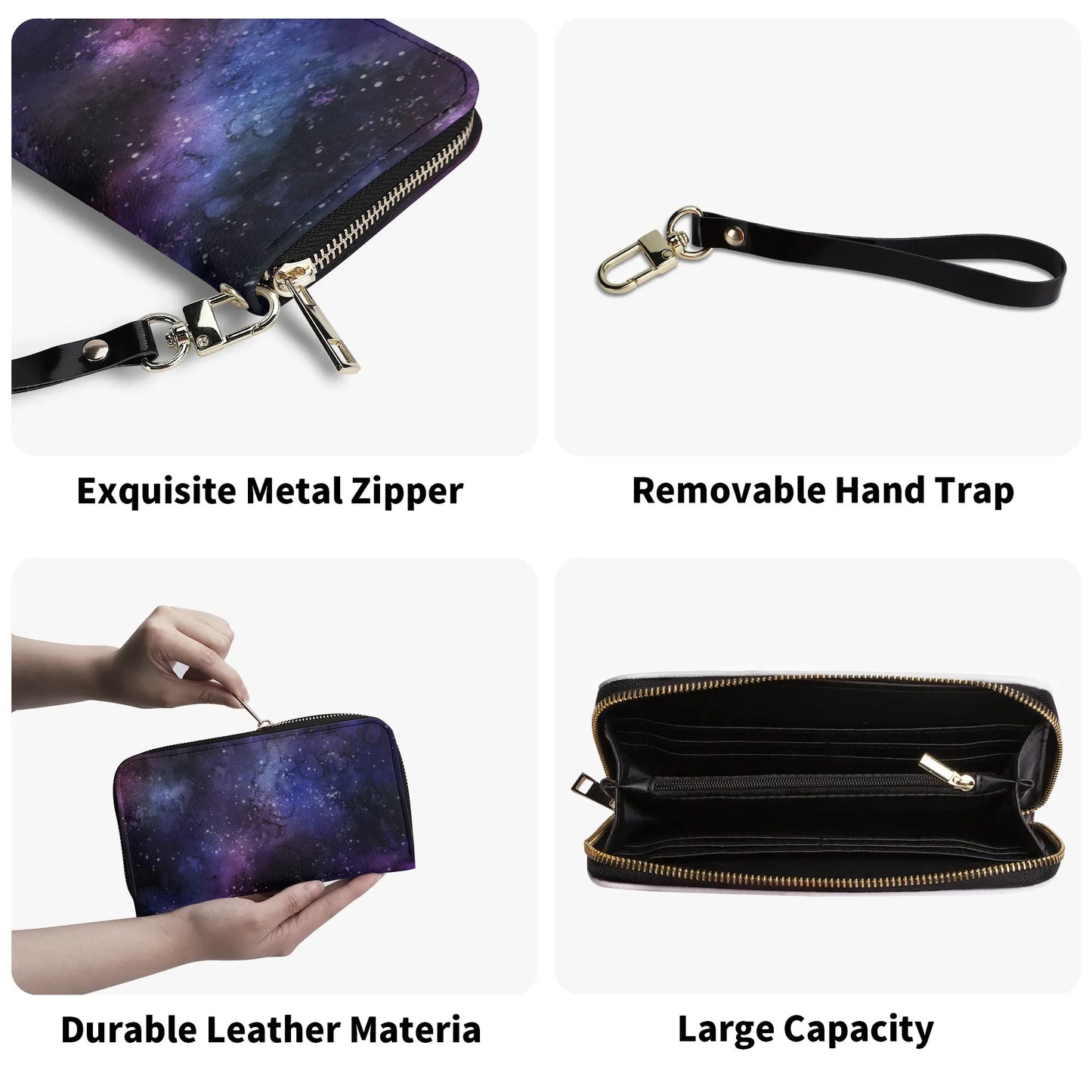 Galaxy Space Wristlet Leather Wallet Women, Stars Universe Vegan Zipper Zip Around Credit Cards Pocket Ladies Pouch Slim Strap Clutch Purse