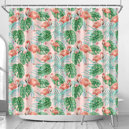 Pink Flamingo Shower Curtain with Hooks Rings, Retro Vintage Tropical Leaf Fabric Unique Bath Bathroom Decor Cool Unique Home Gift