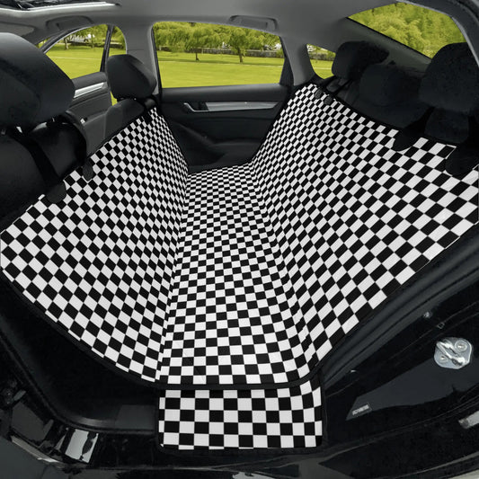 Checkered Dog Back Seat Cover, Black White Check Racing Cat Protector Pets Waterproof Washable Vehicle Blanket SUV Auto Truck