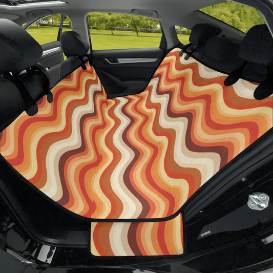 Retro Stripes Dog Back Seat Cover, Vintage Wavy 70s Groovy Orange Cat Protector Pets Waterproof Washable Vehicle Blanket SUV Auto Truck