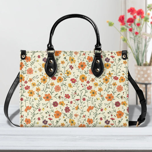 Floral Shoulder Purse, Orange Flowers Summer Spring Leather Handbag Print Small Large Mini Bag Vegan Women Ladies Designer