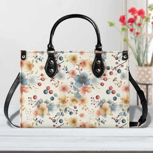 Floral Shoulder Purse, Pink Blue Flowers Summer Spring Leather Handbag Print Small Large Mini Bag Vegan Women Ladies Designer
