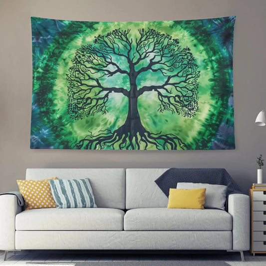 Tree Of Life Tapestry, Green Tie Dye Hippie Fabric Wall Art Hanging Cool Unique Landscape Aesthetic Large Small Decor Bedroom College Dorm