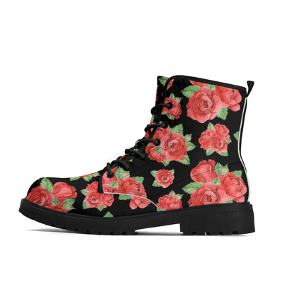 Leather Boots with Roses Women, Red Floral Flowers Lace Up Shoes Hiking Festival Black Ankle Combat Work Winter Casual Waterproof