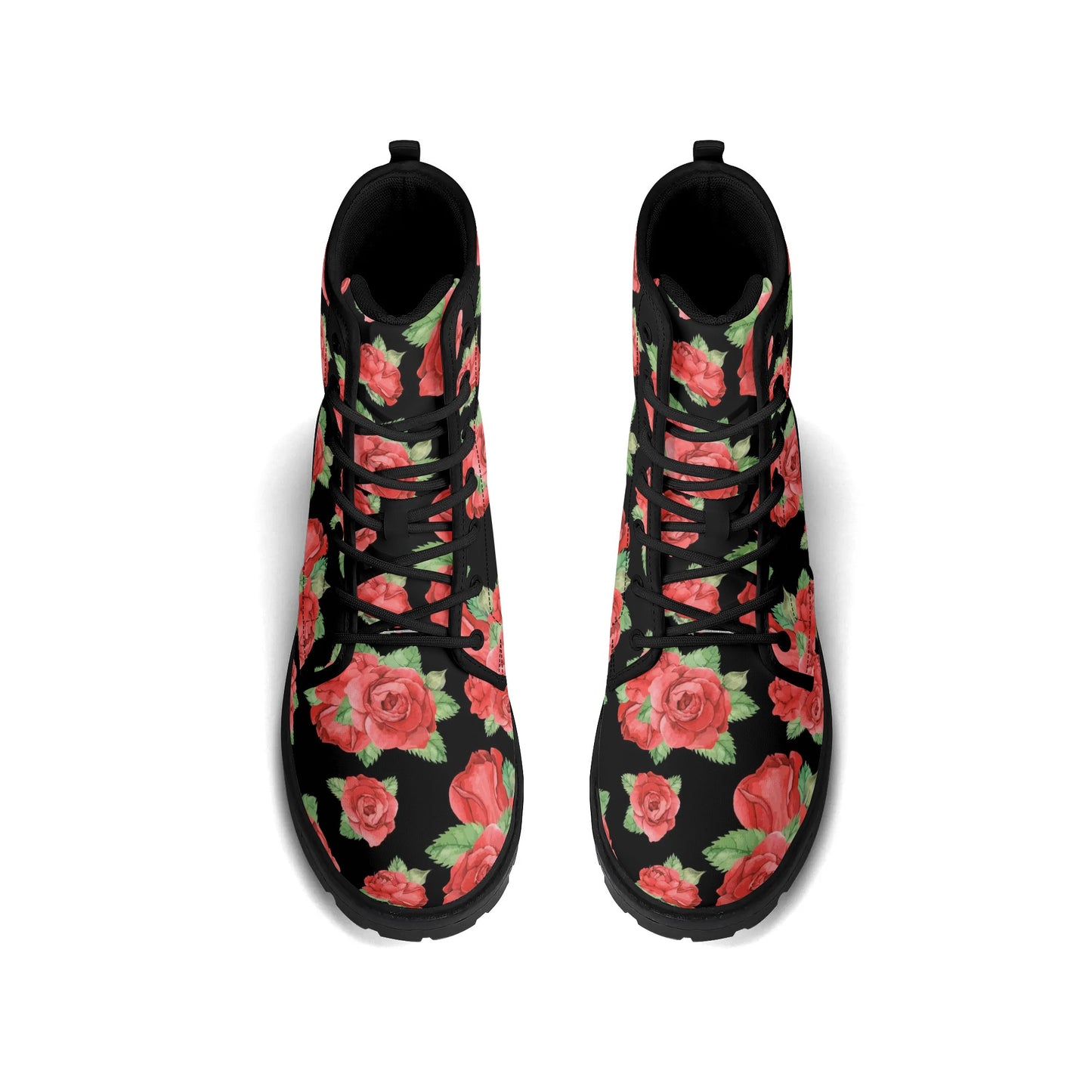 Leather Boots with Roses Women, Red Floral Flowers Lace Up Shoes Hiking Festival Black Ankle Combat Work Winter Casual Waterproof