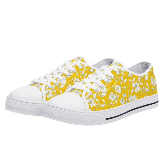 Yellow Floral Women Shoes, Flowers White Sneakers Canvas White Low Top Lace Up Custom Girls Female Aesthetic Flat Shoes