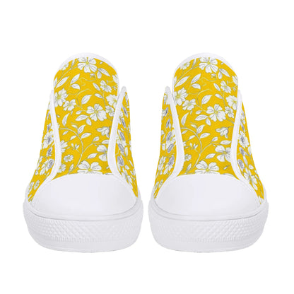 Yellow Floral Women Shoes, Flowers White Sneakers Canvas White Low Top Lace Up Custom Girls Female Aesthetic Flat Shoes