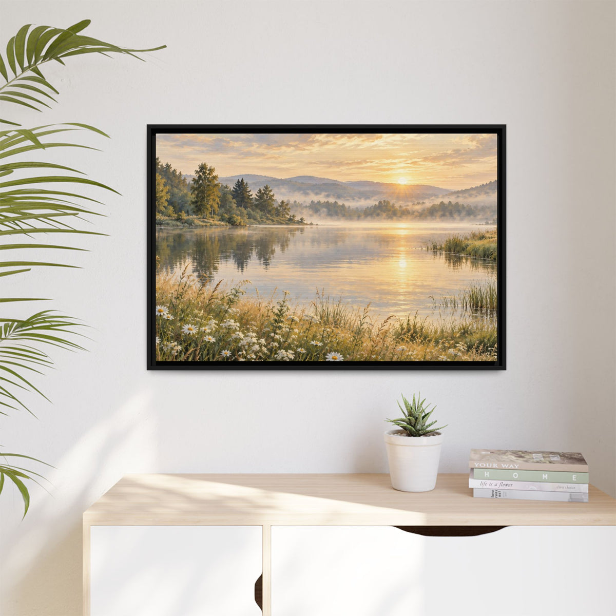 Misty Meadow Lake Wood Framed Canvas, Wildflower Farmhouse Wall Art Print Artwork Decor Small Large Hanging Matte Landscape Square Poster