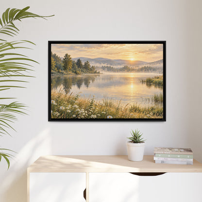 Misty Meadow Lake Wood Framed Canvas, Wildflower Farmhouse Wall Art Print Artwork Decor Small Large Hanging Matte Landscape Square Poster