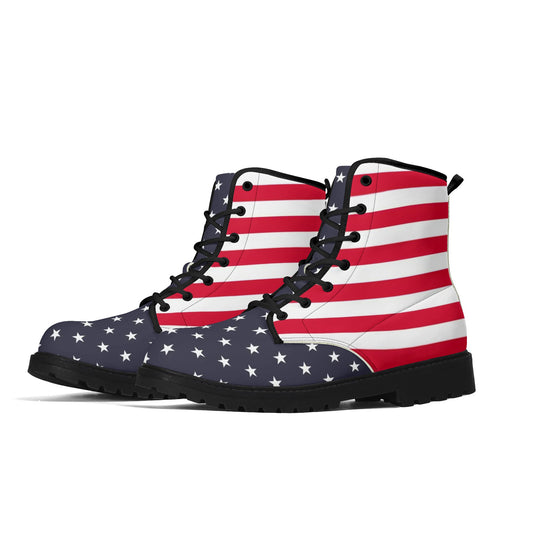 American Flag Men Leather Boots, Stars Stripes USA Red White Blue Patriotic America Lace Up Shoes Festival Black Ankle Combat Work Hiking