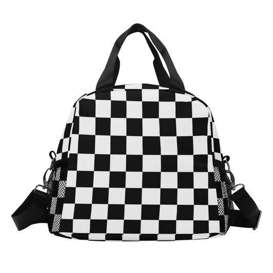 Checkered Lunch Box Bag, Black White Check Cute Food Container Adult Kids Women Ladies Teens Male Men School Work Handbag