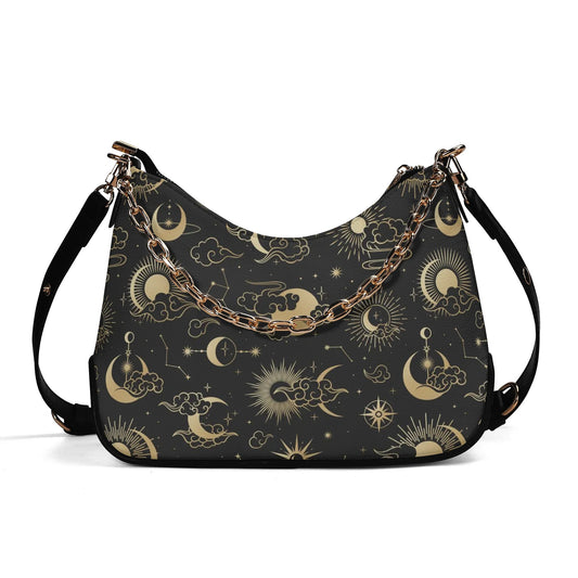 Celestial Purse Handbag Crossbody Chain, Sun Moon Space Constellation Print Vegan Leather Designer Gift Top Handle Bag with Strap Zip