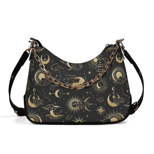 Celestial Purse Handbag Crossbody Chain, Sun Moon Space Constellation Shoulder Print Vegan Leather Designer Top Handle Bag with Strap Zip
