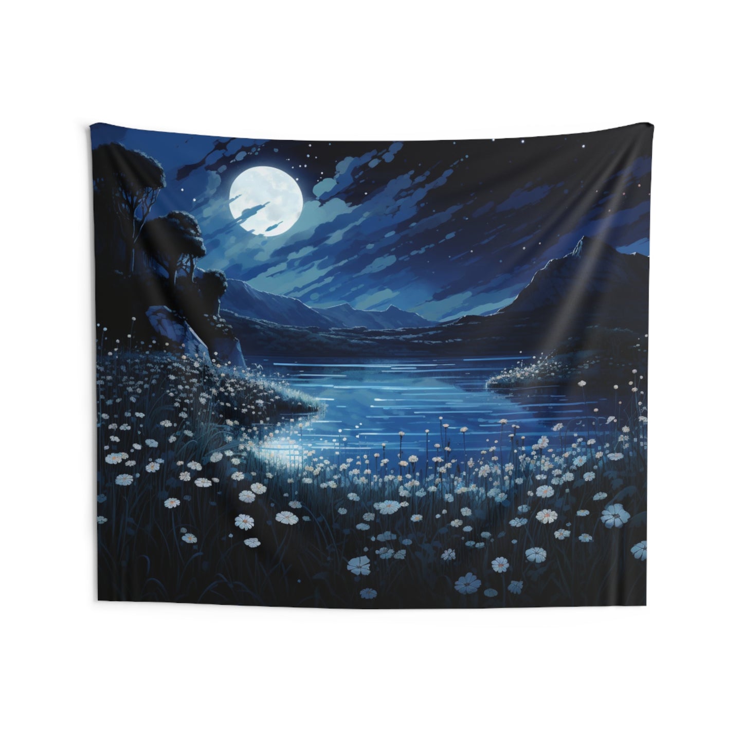 Dark Blue Night Sky Tapestry, Moon Dandelion Flowers Lake Wall Art Hanging Cool Unique Landscape Aesthetic Large Small Decor Bedroom Dorm Starcove Fashion