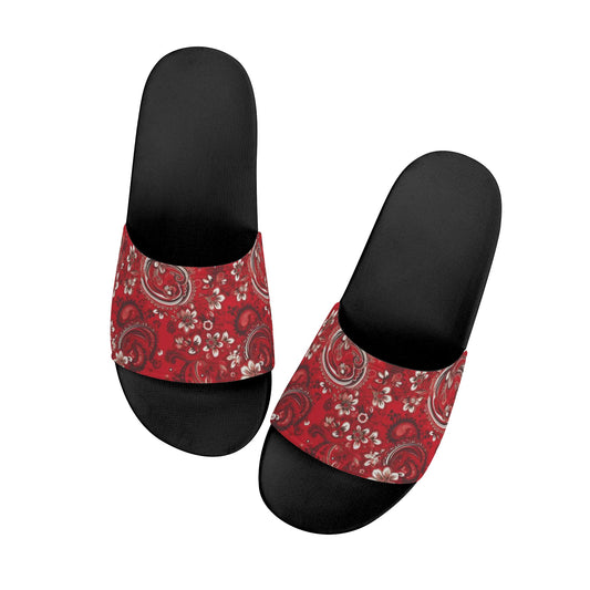 Red Paisley Men Slides Sandals, Bandana Designer Shower Beach Shoes Black Flat Wedge Slippers Vegan Casual Flip Flops Slip On