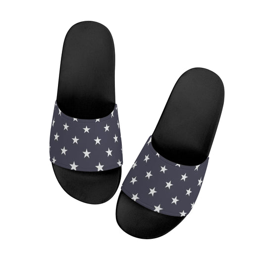 Blue White Stars Men Slides Sandals, Navy Designer Beach Shower Shoes Flat Wedge Slippers Black White Vegan Casual Flip Flops Slip On