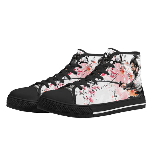Samurai Men High Top Shoes, Japan Pink Cherry Blossoms Lace Up Sneakers Footwear Rave Canvas Streetwear White Black Guys Designer Gift