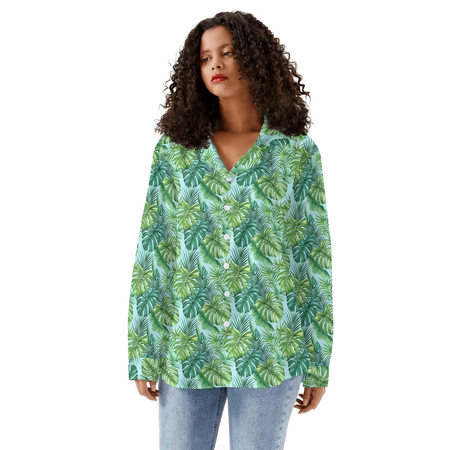 Green Tropical Leaves Long Sleeve Shirt Women, Turquoise Button Up Lad Starcove Fashion Green Tropical Leaves Long Sleeve Shirt Women, Turquoise Button Up Lad Starcove Fashion