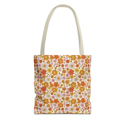 Retro Floral Tote Bag, Vintage Flowers Groovy Orange Cute Canvas Shopping Small Large Travel Reusable Aesthetic Shoulder Bag