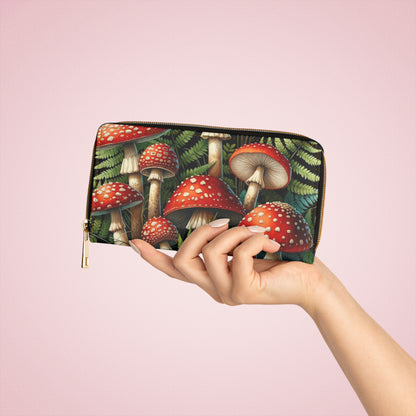 Red Mushroom Leather Wallet Women, Cottagecore Vegan Zipper Zip Around Coins Credit Cards Pocket Cash Ladies Pouch Slim Clutch Purse