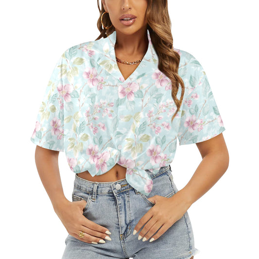 Green Pink Women Hawaiian shirt, Floral Summer Tropical Print Vintage Retro Hawaii Aloha Cool Button Up Down Plus Size Ladies Cool Blouse